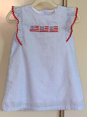 Stitchy Fish Patriotic Flag Smocked Dress 2T Blue Seersucker Red White